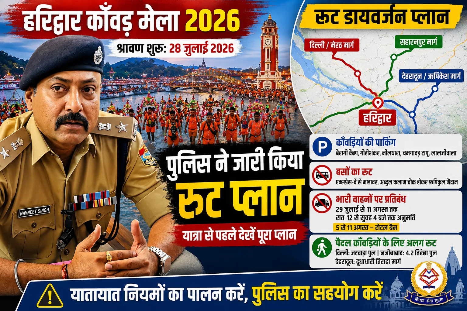 Haridwar Kanwar Yatra 2026 Traffic Plan: हरिद्वार पुलिस ने जारी किया रूट प्लान, जानें नो-एंट्री, पार्किंग और नया रूट