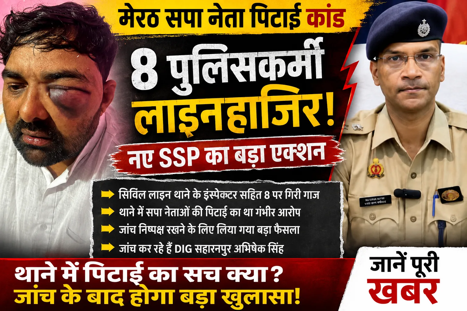 Meerut Police Action: सपा नेताओं की पिटाई मामले में नए SSP का बड़ा एक्शन, इंस्पेक्टर समेत 8 पुलिसकर्मी लाइन हाजिर