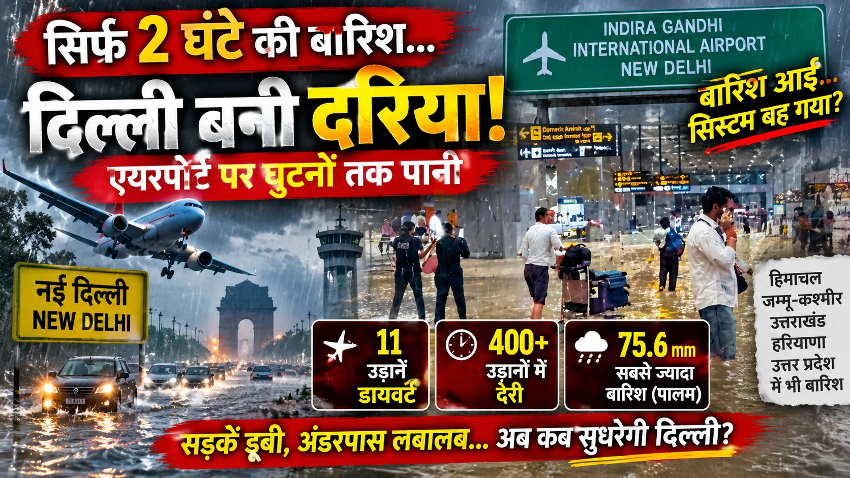 Delhi heavy rain airport flooding  Delhi Floods Swamp Airport, 11 Flights Diverted, 400 Delayed